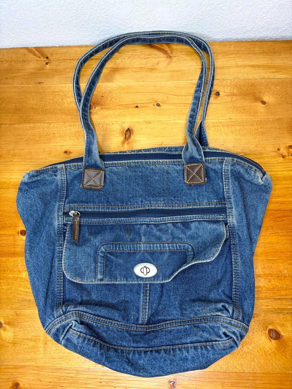 Vintage Blue Denim Jean Purse Tote Shoulder Bag 90s Y2K Double Zipper